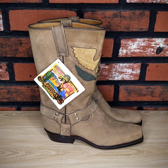 Men's Caborca Mexican Cowboy Boots 9.5 Leather VTG Custom Harness Biker Moto Tan - Picture 2 of 7